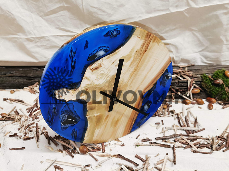 Dřevěné hodiny + epoxid - Modre + břidlice
